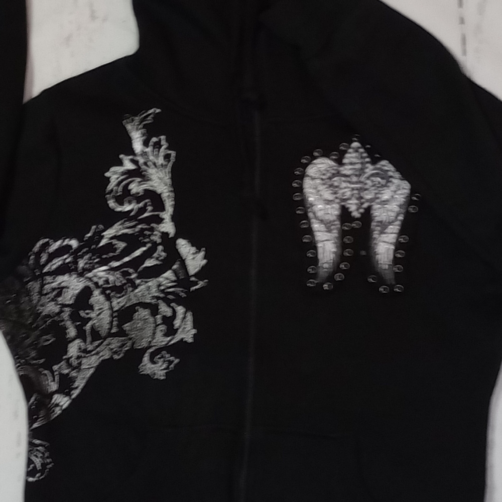 SOHO BABE Black Cowl Neck Full Zip Silver Fleur De Lis Sweatshirt L - Picture 5 of 17